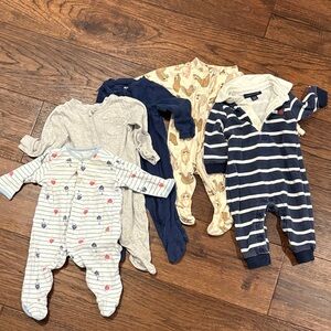 Lot of 5 one pieces. Nautical, sloths, stripes. 3-6 months